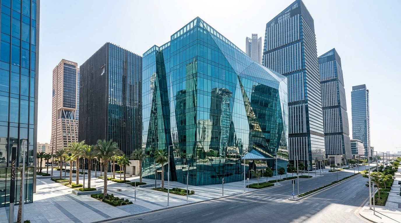 A modern corporate building in a financial district, featuring glass architecture, palm trees, and an empty street with no people.