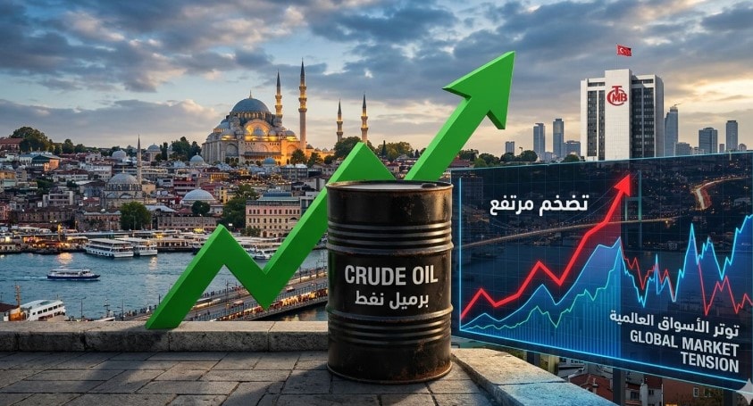 برميل نفط وسهم صاعد مع خلفية إسطنبول، مع رسم بياني يعكس ارتفاع التضخم وتوتر الأسواق العالمية