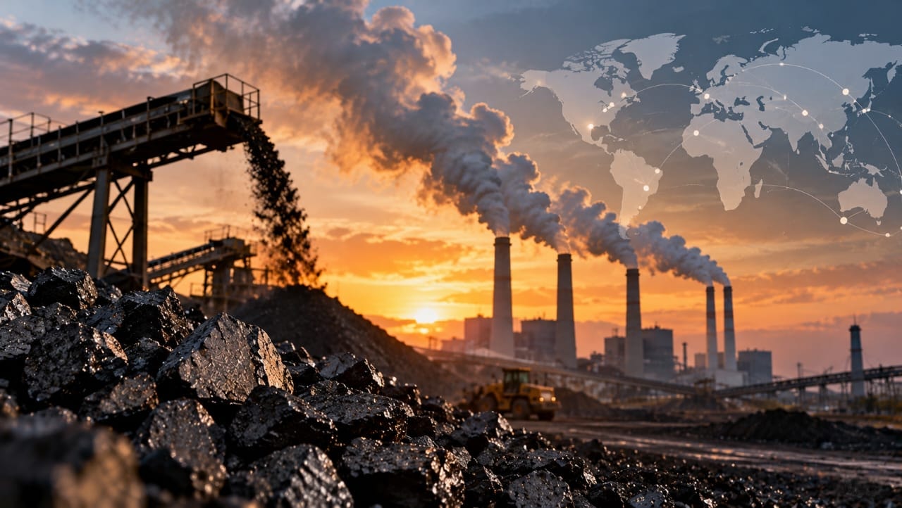 AI-generated illustration of coal piles, mining equipment and a coal-fired power plant releasing smoke, with a world map in the background, symbolizing the global expansion of coal projects despite climate goals.