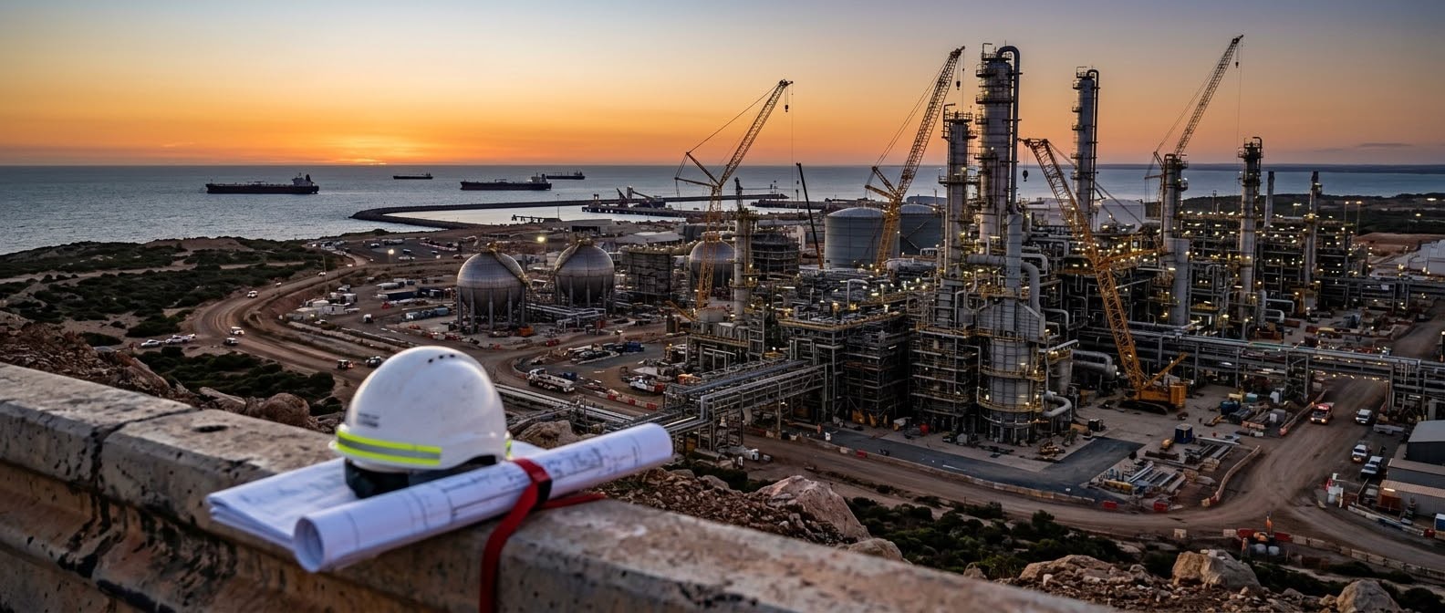 مصفاة نفط قيد الإنشاء مع خوذة ومخطط هندسي ai