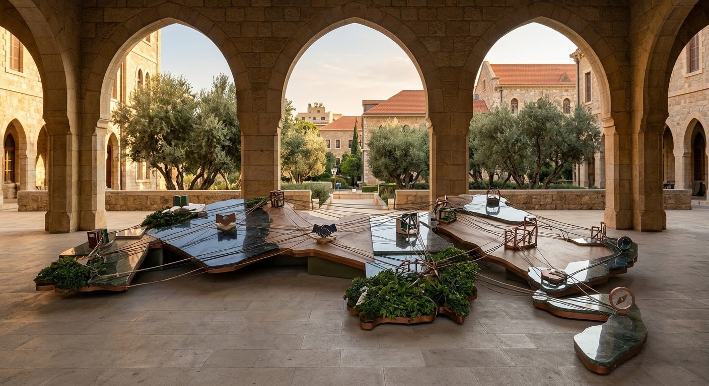 An artistic map sculpture representing the Arab world, displayed in the stone-arched courtyard of a historic university campus, decorated with books and connected cords, with no people present.