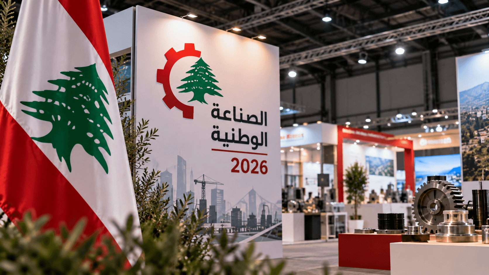 AI-generated illustration of a Lebanese industrial exhibition hall featuring the Lebanese flag, a National Industry 2026 display, and industrial machinery.