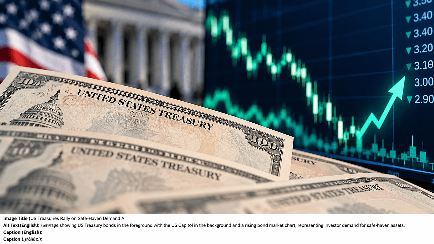 AI-generated illustration of US Treasury securities, an American flag, a government building, and financial market charts representing safe-haven demand for government bonds.