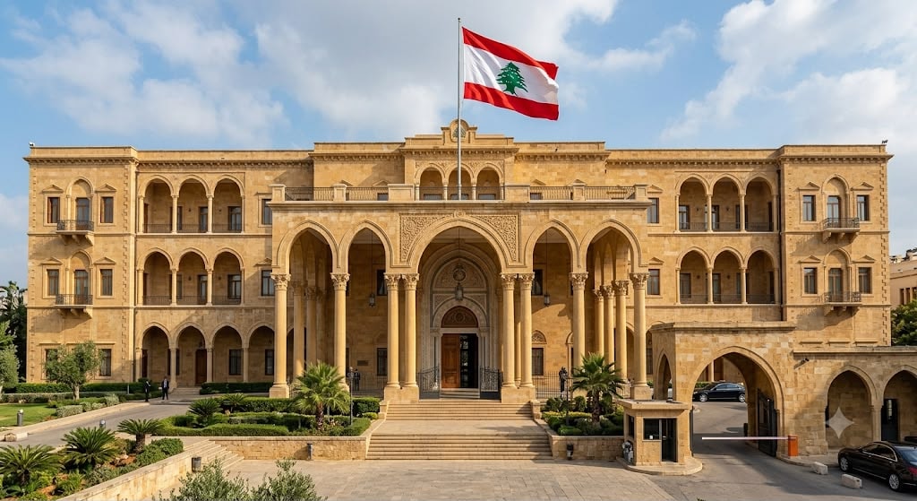 صورة خارجية لسرايا الحكومة في بيروت، مع العلم اللبناني يرفرف على المبنى، ومدخل المبنى الرئيسي مع الأعمدة