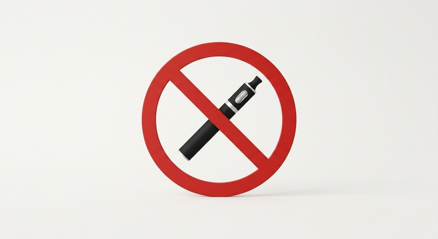 A red prohibition signs over a vape device against a plain white background