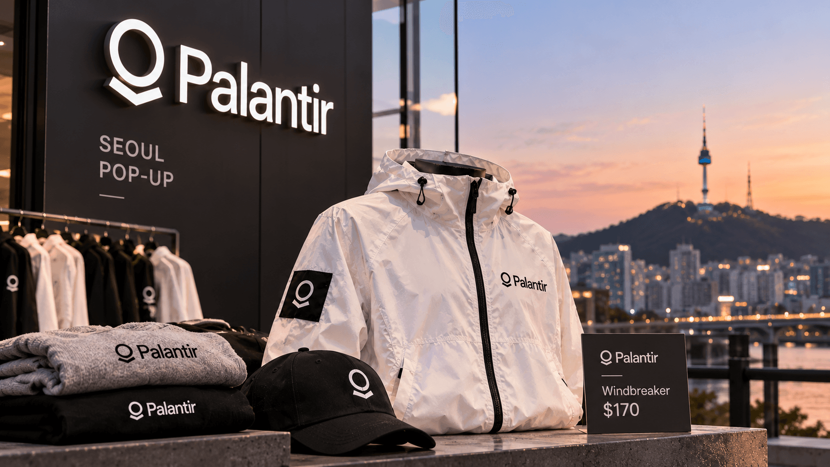 AI-generated illustration of a white Palantir windbreaker displayed at a Seoul pop-up store, alongside branded merchandise and a $170 price sign.