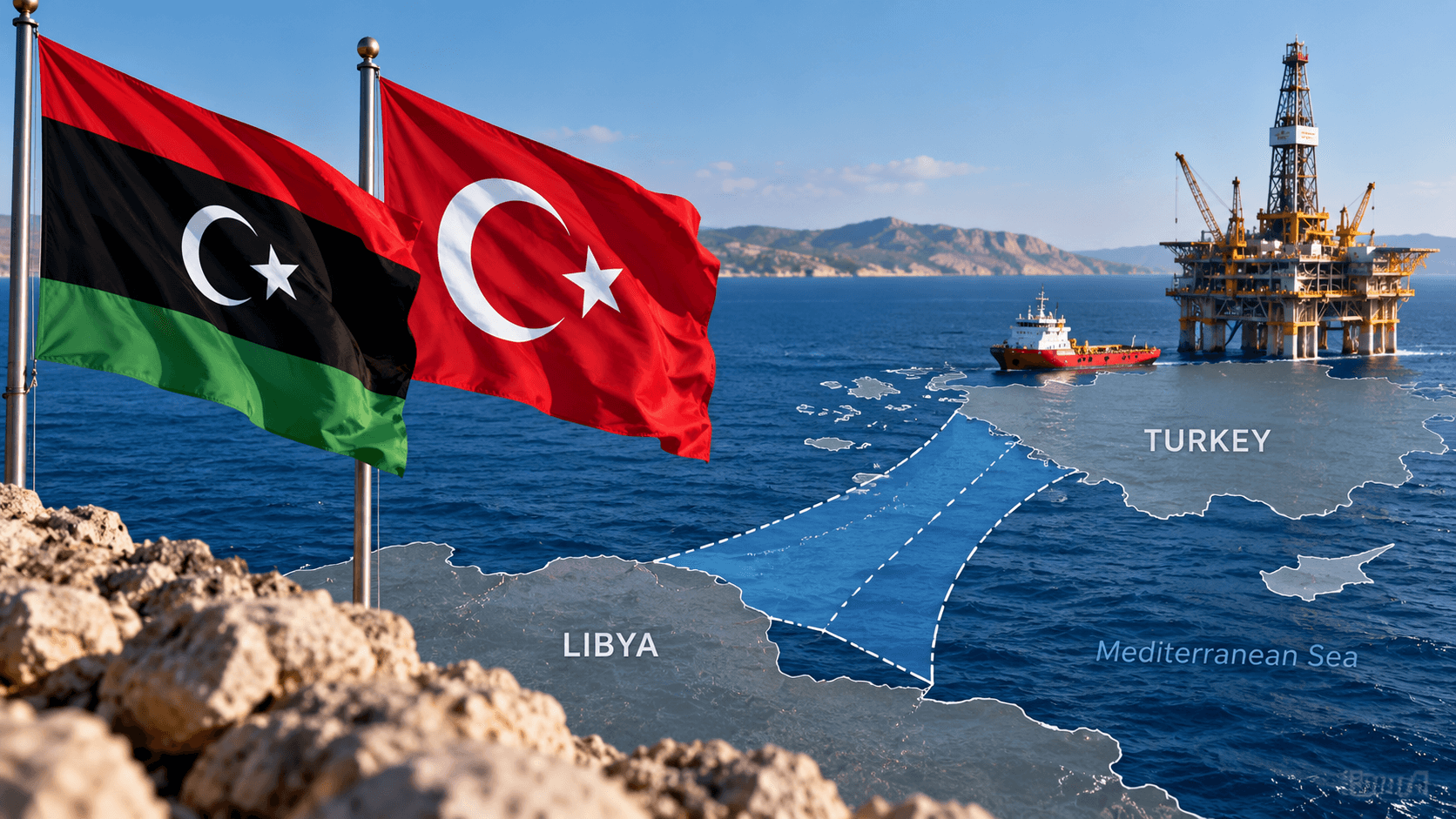 AI-generated illustration of the Libya-Turkey maritime agreement, featuring the Libyan and Turkish flags, the Mediterranean Sea, a symbolic maritime boundary map, and an offshore oil platform.