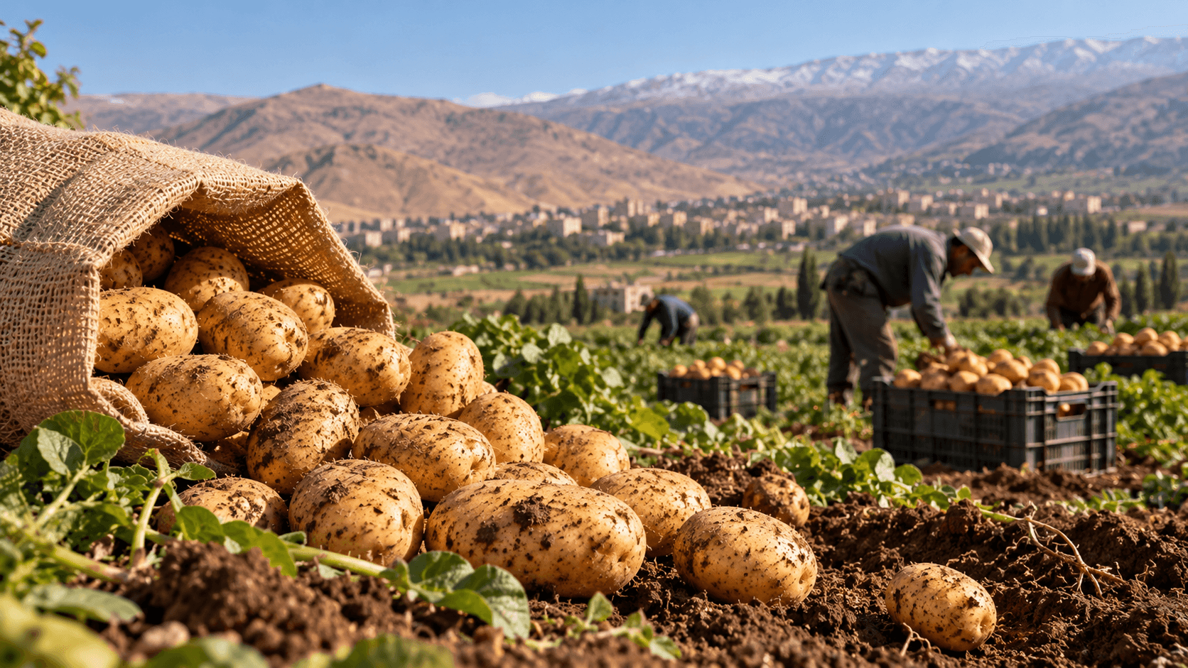 AI-generated illustration of freshly harvested potatoes in a field, with farmers collecting crops and mountains in the background, representing local potato production in Lebanon's Baalbek-Hermel region.