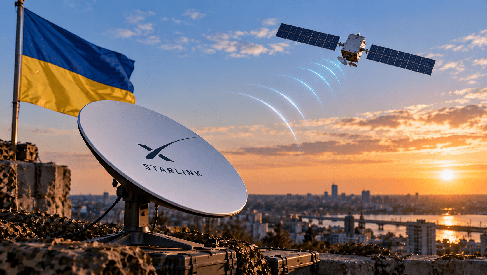 AI-generated illustration of a Starlink satellite dish in Ukraine, with the Ukrainian flag and a communications satellite transmitting signals overhead, representing the restoration of Starlink connectivity.