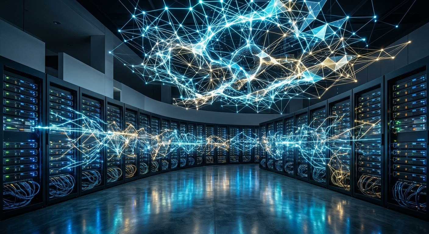 An abstract financial and technological concept depicting artificial intelligence and data networks glowing on servers in a dark data center