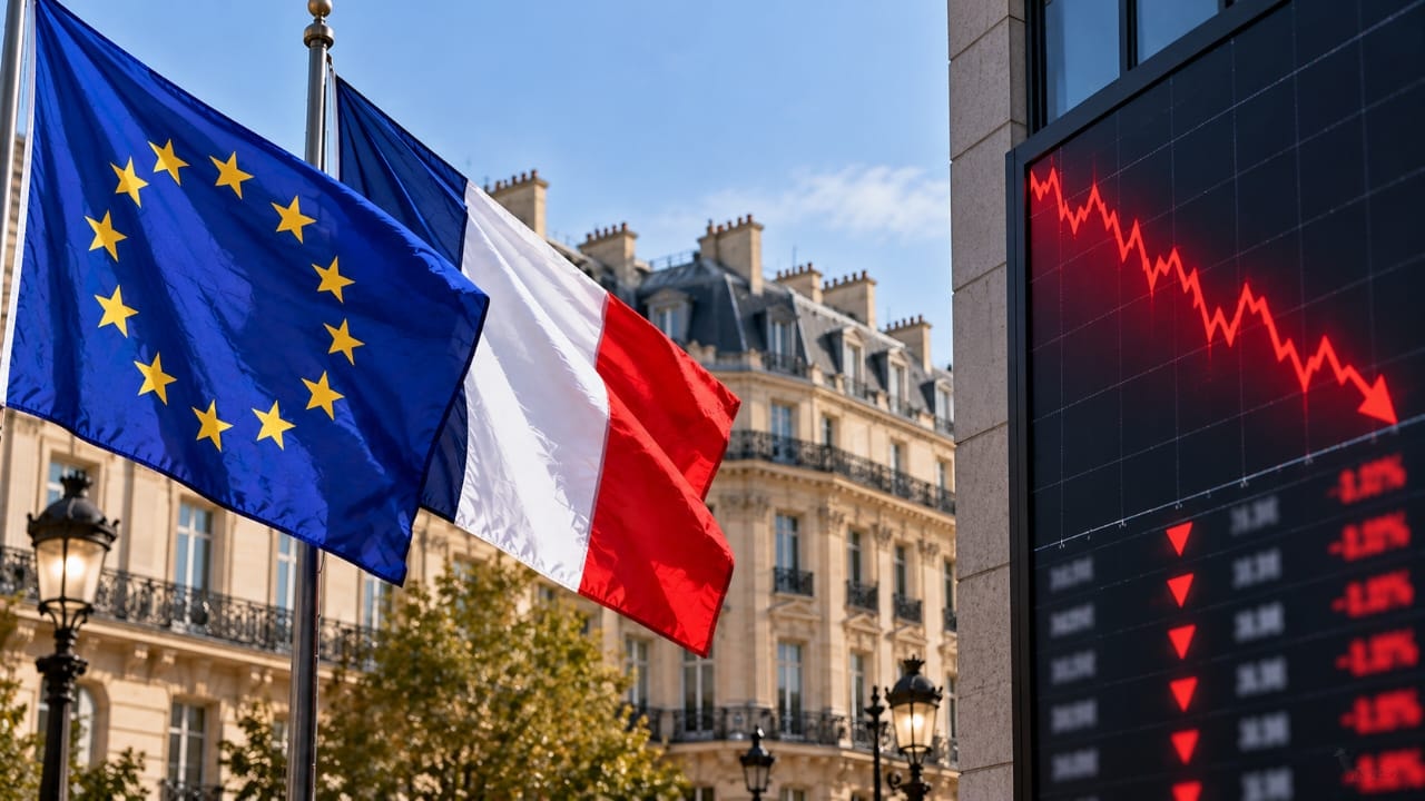 AI-generated illustration of the European Union and French flags in Paris, alongside a financial market screen displaying a downward red graph, symbolizing declining European stocks amid political unrest in France