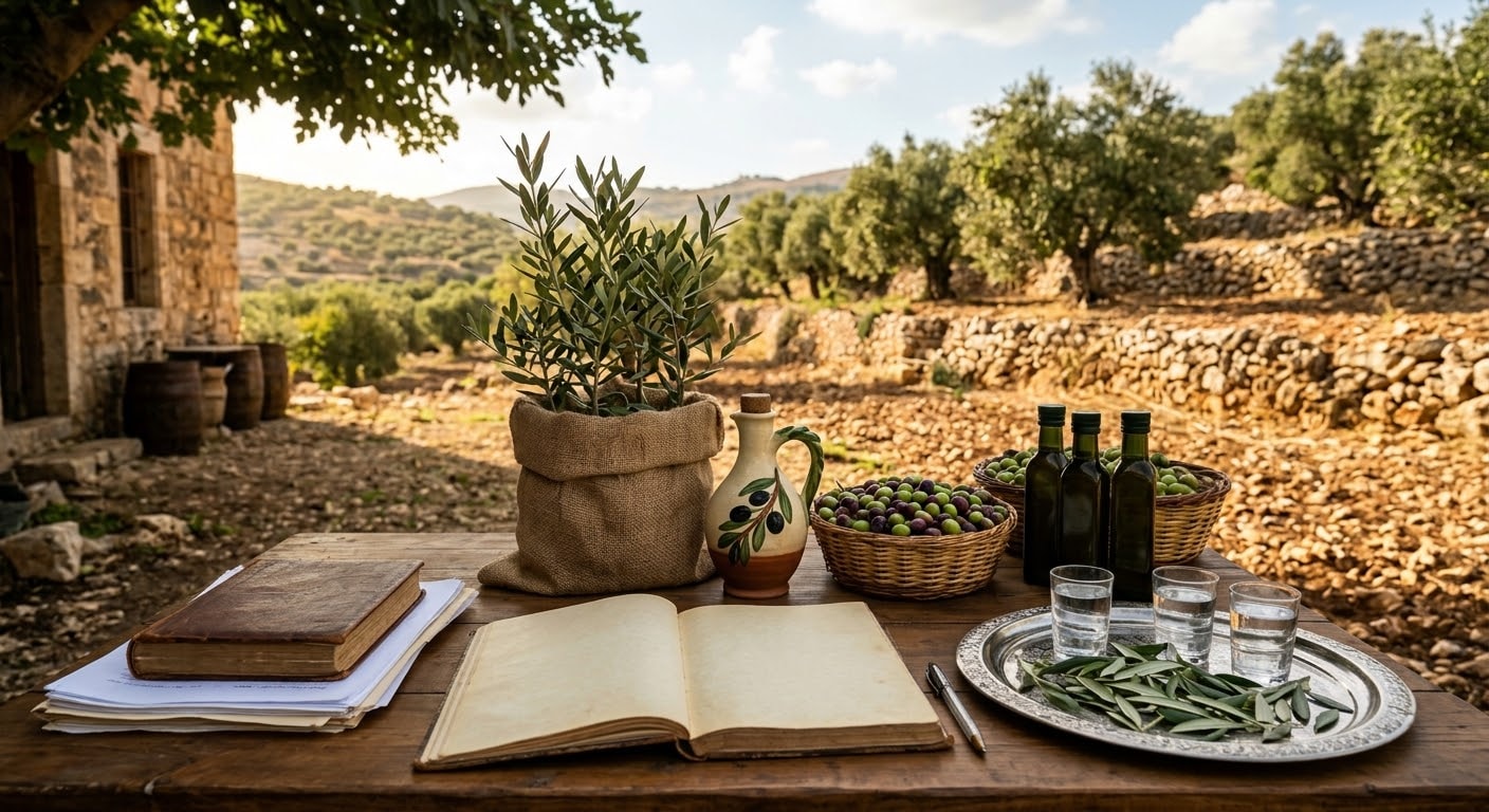 A scenic view of a rustic wooden table outdoors in a rural landscape, featuring an open journal, a jar of olives, olive oil bottles, and lush olive groves in the background
