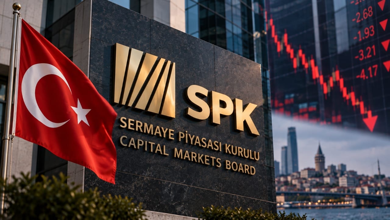 AI-generated illustration of the Turkish flag, the Capital Markets Board (SPK) emblem and a declining financial chart, symbolizing Turkey's investment fund crisis and regulatory challenges.