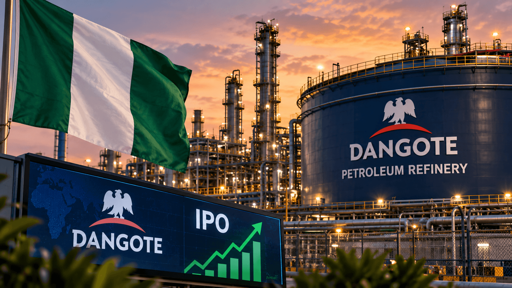 AI-generated illustration of Nigeria's Dangote Petroleum Refinery, featuring industrial processing facilities, the Nigerian flag, and a financial display symbolizing the refinery's historic initial public offering.