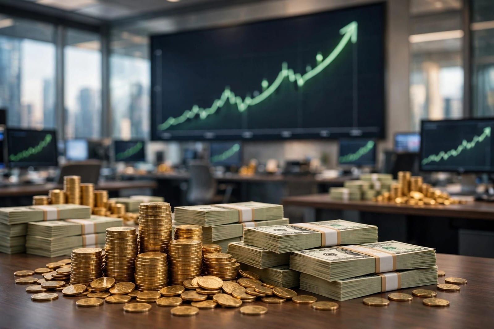 Concept of financial growth and stock market success, stacks of US dollar bills and piles of gold coins on a desk, with large screens in the background showing a green upward trending stock chart in a modern trading office.