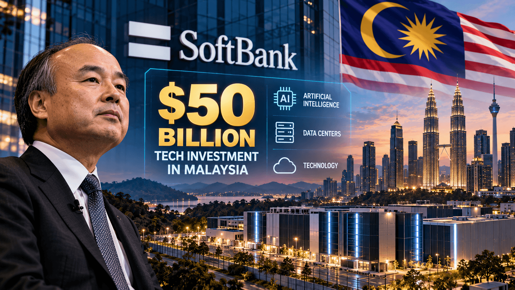 AI-generated illustration of SoftBank's proposed $50 billion technology investment in Malaysia, featuring Masayoshi Son, AI infrastructure, data centers, the Malaysian flag, and Kuala Lumpur's skyline.