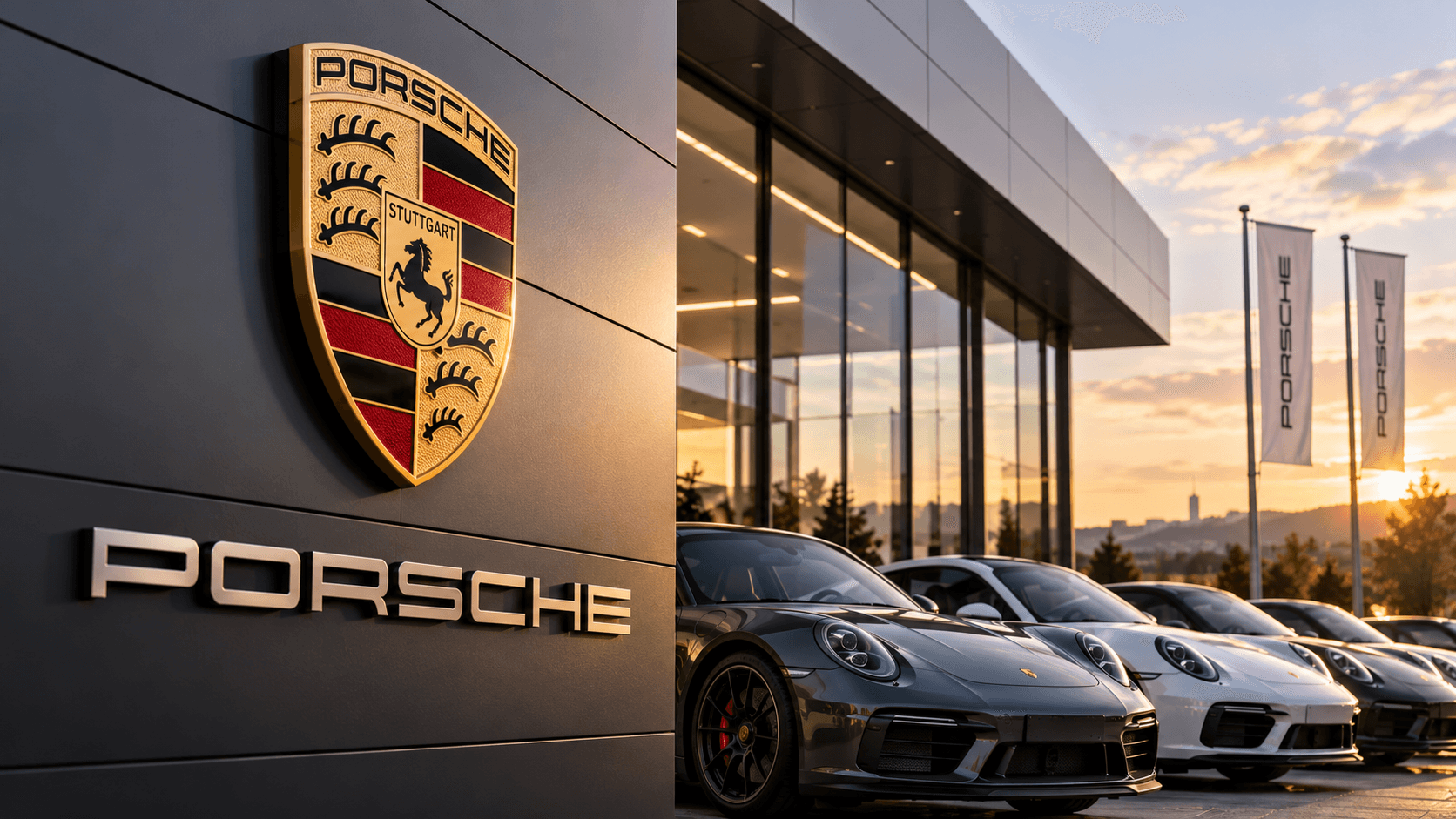 AI-generated illustration of Porsche 911 sports cars parked outside a modern Porsche showroom, with the Porsche logo displayed prominently, representing strong demand for the 911 despite declining overall vehicle sales.
