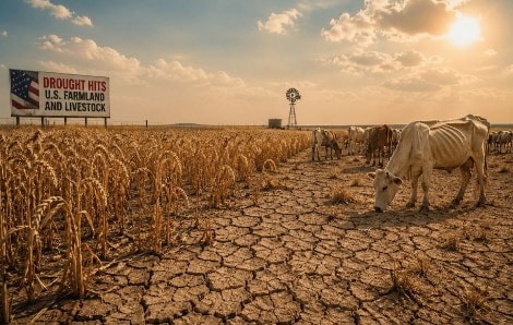 مشهد واسع لسهول زراعية أميركية متضررة من الجفاف يظهر أرضاً متشققة وحقول قمح ذابلة وقطيع ماشية يبحث عن الغذاء تحت شمس حارقة، مع لافتة تعكس تدهور الإنتاج الزراعي.