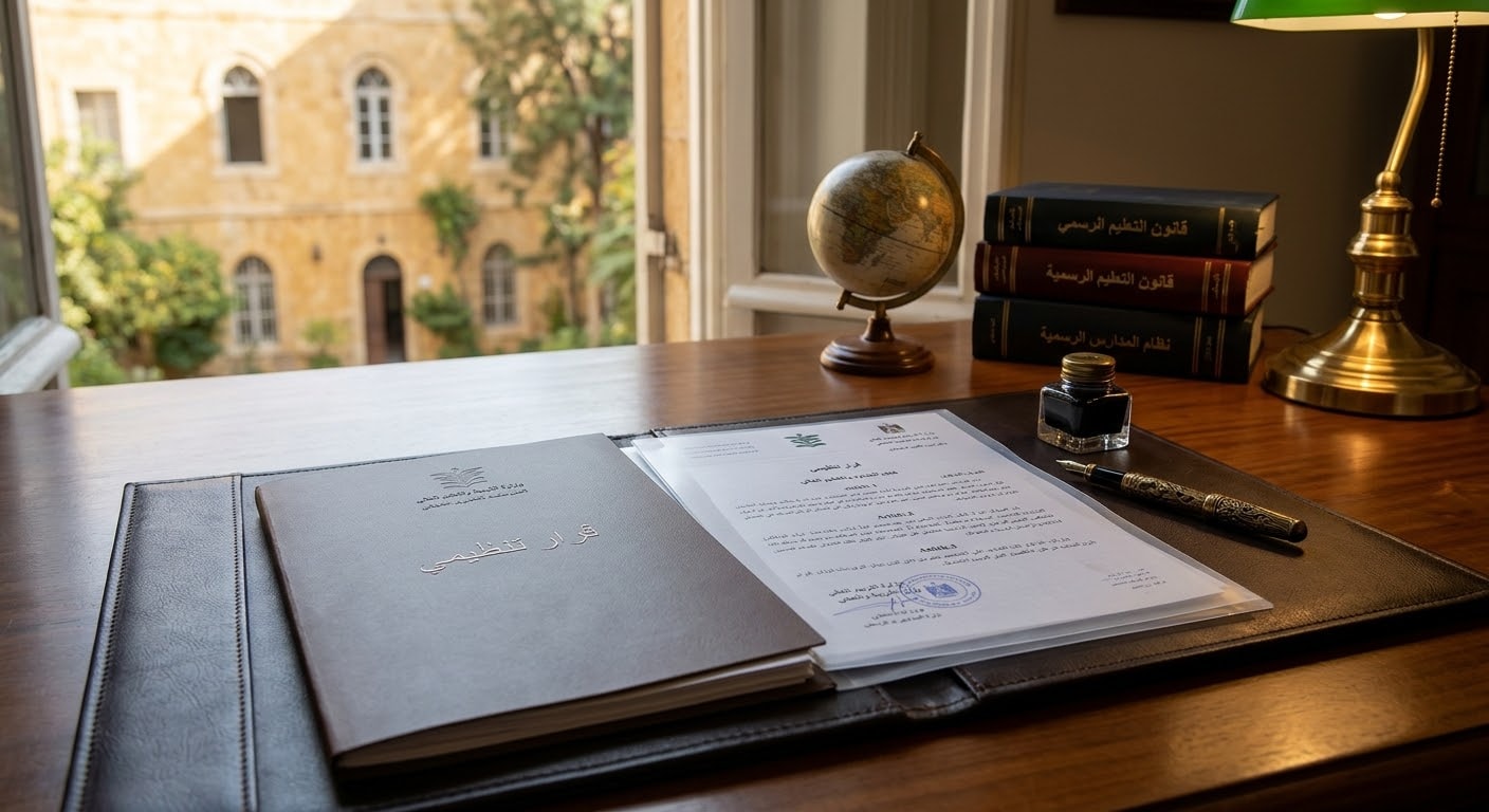 An office desk with official administrative documents, a globe, and law books representing educational regulations and policy decisions.