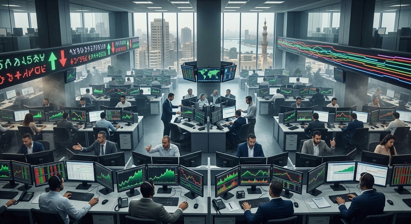 A bustling financial trading floor with multiple computer monitors displaying green and red stock market charts, financial data tickers, and graphs, with traders working at their desks.