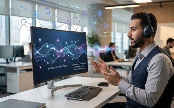 موظف في مكتب حديث يتحدث إلى حاسوبه عبر سماعة بينما تظهر لوحة مفاتيح موضوعة جانباً، مع عناصر رقمية ترمز للذكاء الاصطناعي