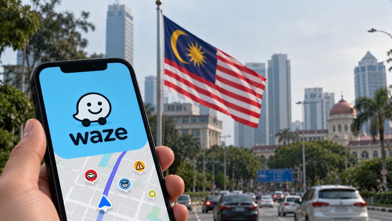 AI-generated illustration of a smartphone displaying the Waze navigation app, with a Malaysian flag and a city street in the background, symbolizing Malaysia's restrictions on Waze for official government use.