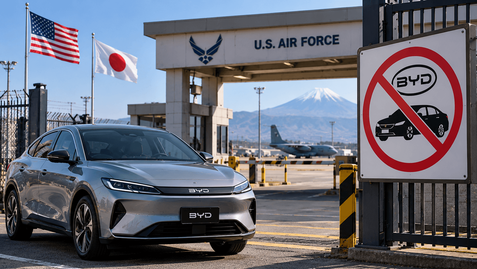 AI-generated illustration of a BYD electric vehicle outside a US military air base in Japan, with a vehicle prohibition sign, military aircraft, and American and Japanese flags, symbolizing the ban on BYD vehicles over security concerns.