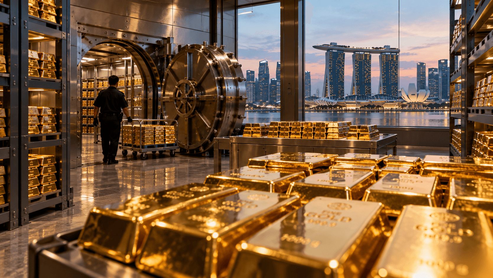 AI-generated illustration of gold bars stored inside a high-security vault, with a security guard and Singapore's Marina Bay skyline in the background, symbolizing the growing demand for gold storage among wealthy international investors.