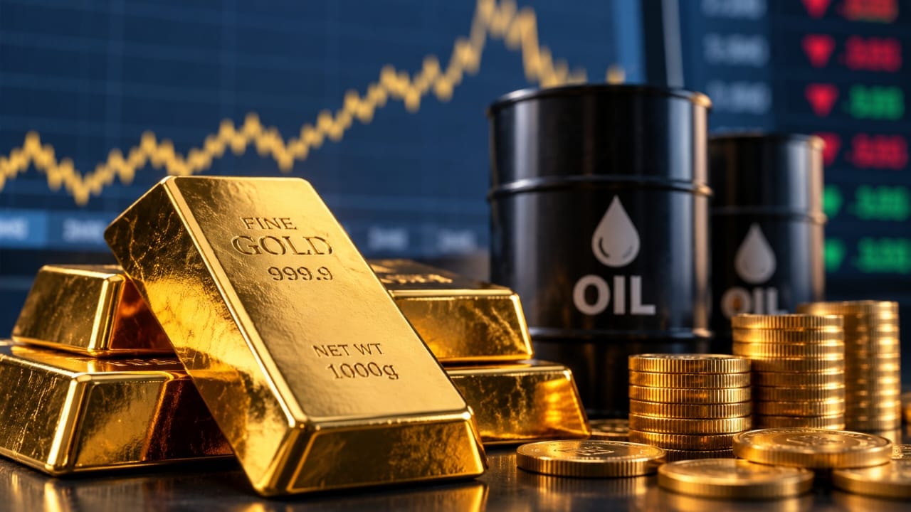 AI-generated illustration of gold bars, gold coins and oil barrels against a financial market chart, symbolizing rising gold prices amid falling oil prices