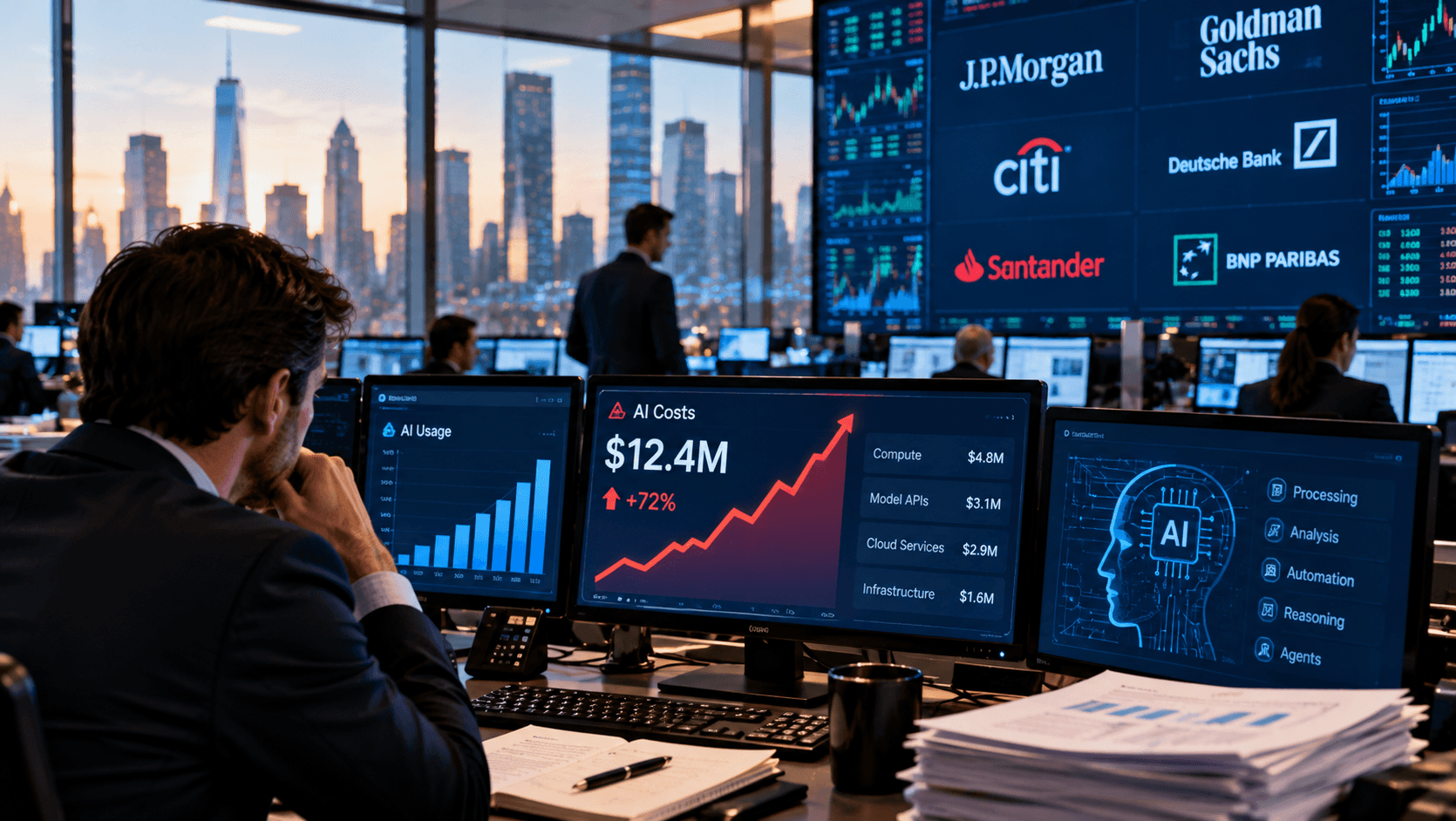 AI-generated illustration of a financial trading office with employees monitoring screens displaying rising AI expenses, banking technology and financial data, symbolizing the growing cost of artificial intelligence adoption across global banks.