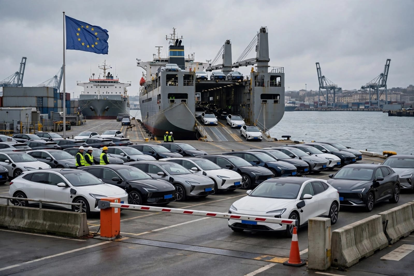 Chinese hybrid cars arriving at EU port .