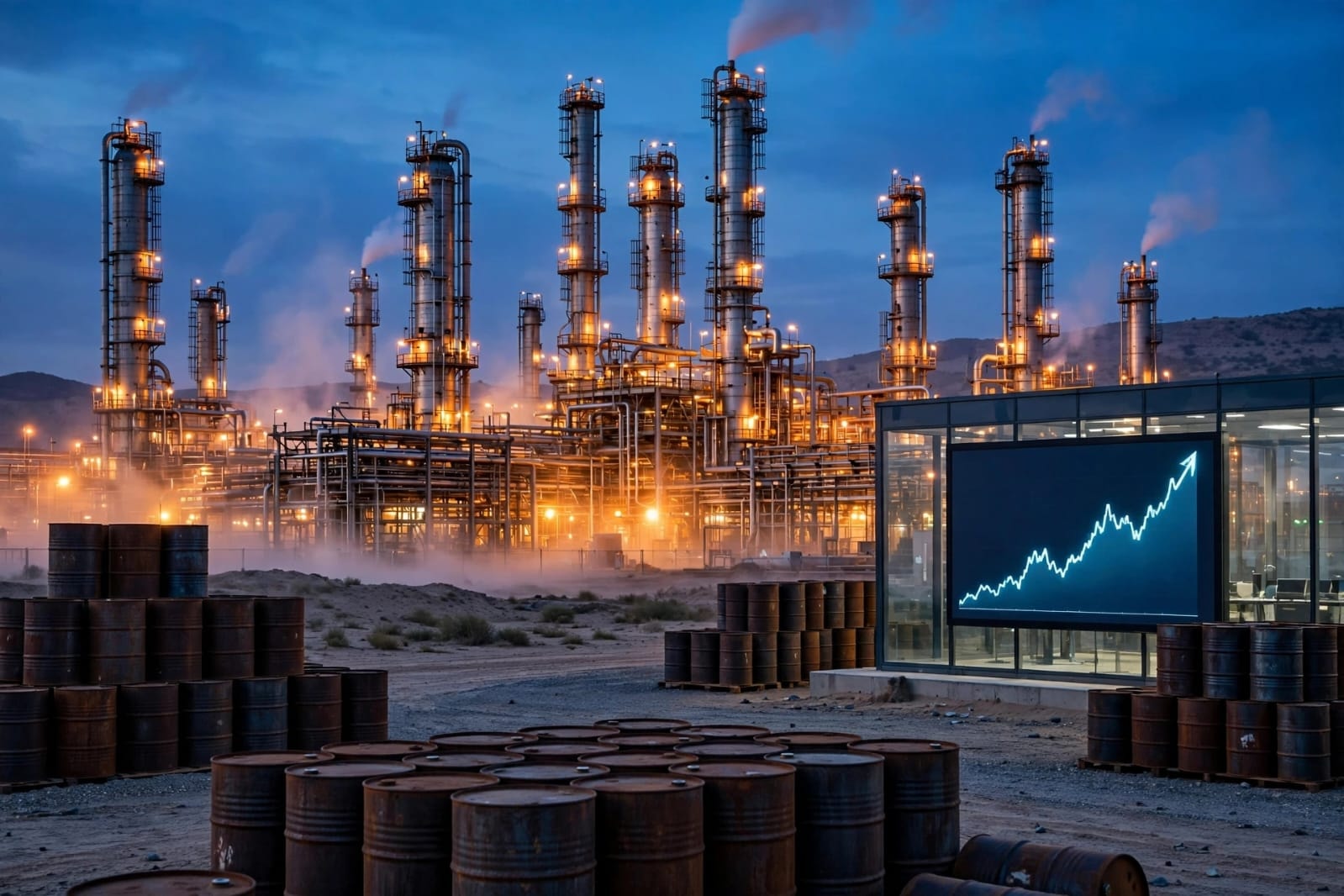 Illuminated oil refinery at dusk with stacked oil barrels and a large screen displaying a rising oil price chart, representing surge in Brent and WTI prices after Houthi attack on Aramco.