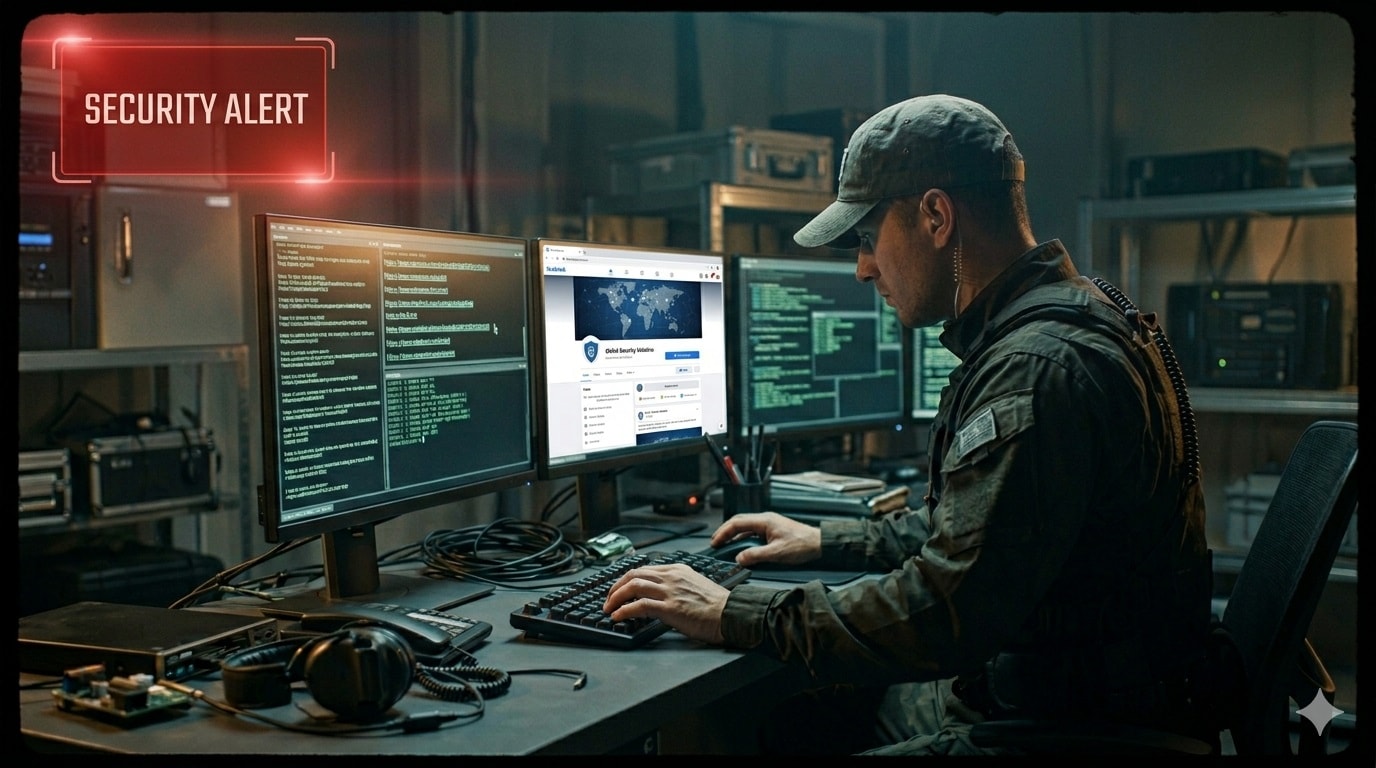 Side view of a military tactical officer analyzing data on computer screens in a dark command center with a prominent red Security Alert overlay on the left.