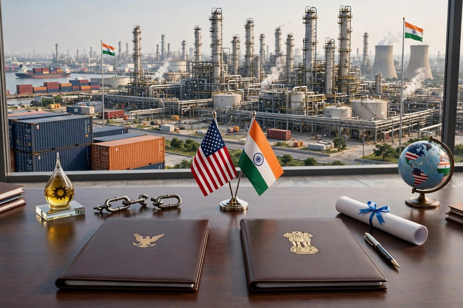 US and India flags on a desk with oil refinery in background symbolizing trade deal and removal of oil tariffs.