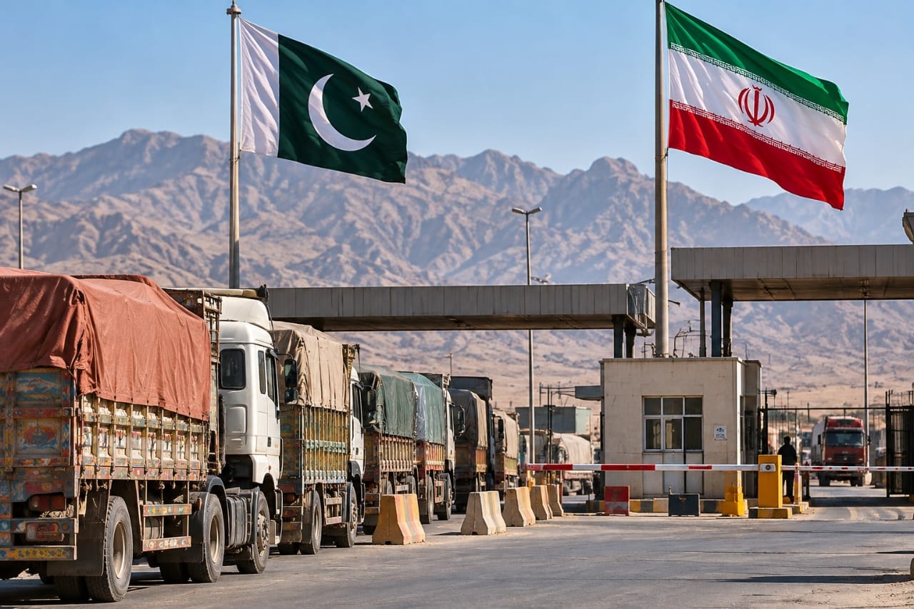 AI-generated illustration of cargo trucks waiting at a border checkpoint with Pakistani and Iranian flags, symbolizing the temporary suspension of trade between the two countries