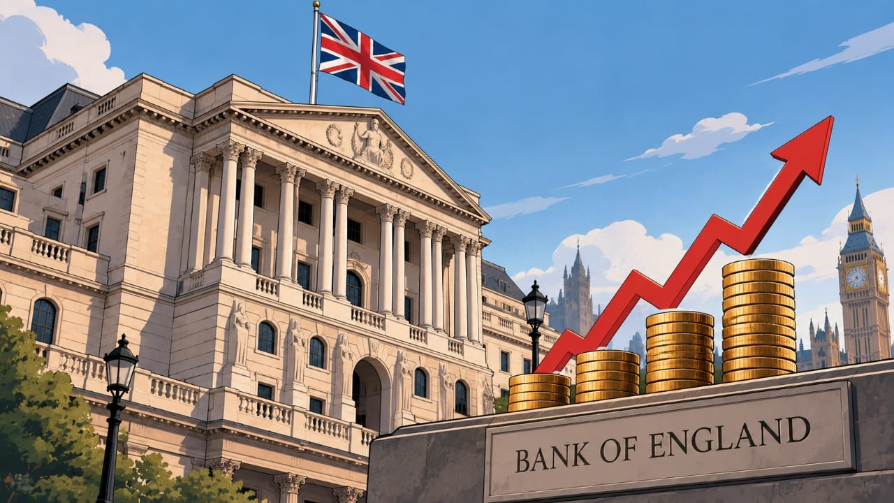 AI-generated illustration of the Bank of England with the British flag, rising coin stacks and an upward arrow symbolizing higher interest rates