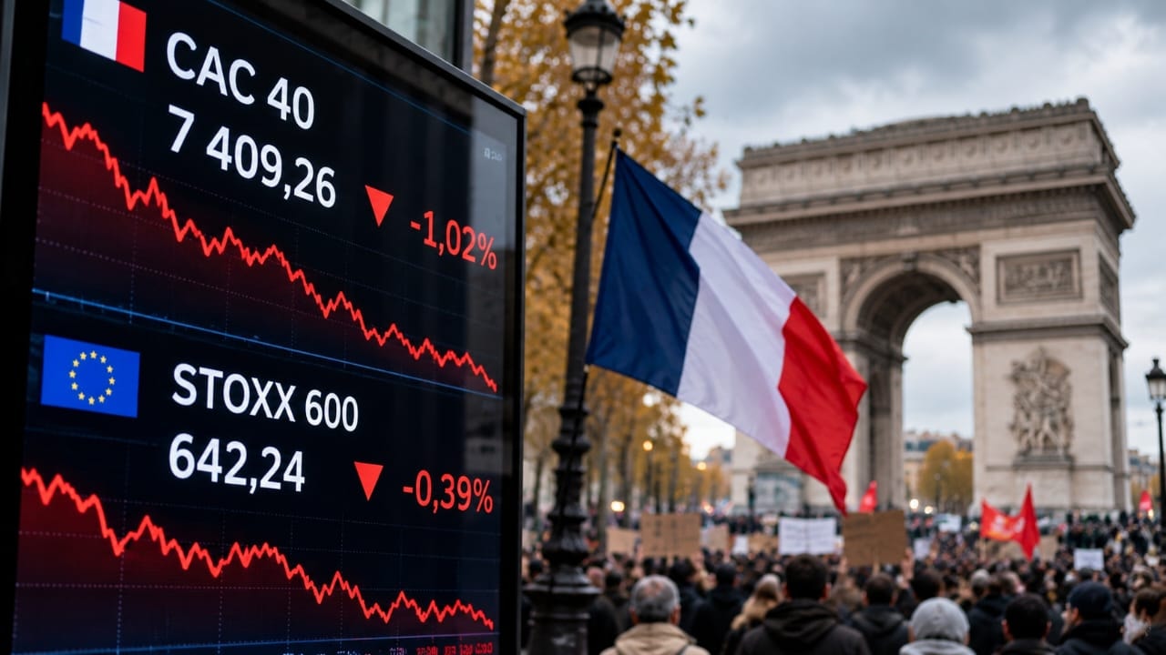 AI-generated illustration of a French flag, the Arc de Triomphe and a protest crowd alongside declining CAC 40 and STOXX 600 stock market charts, symbolizing losses in French and European markets