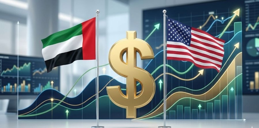  صورة رمزية تتضمن الدولار الأمريكي وأعلام الإمارات والولايات المتحدة بجانب رسوم بيانية مالية