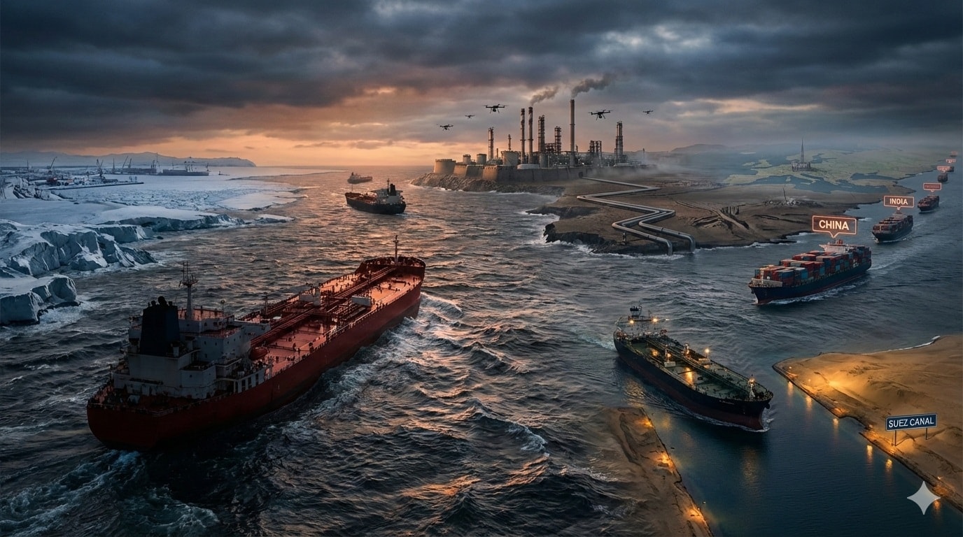 مشهد درامي يجسد ديناميكيات وتوترات تجارة النفط العالمية عبر الممرات المائية والمنشآت الصناعية الاستراتيجية. (AI) 