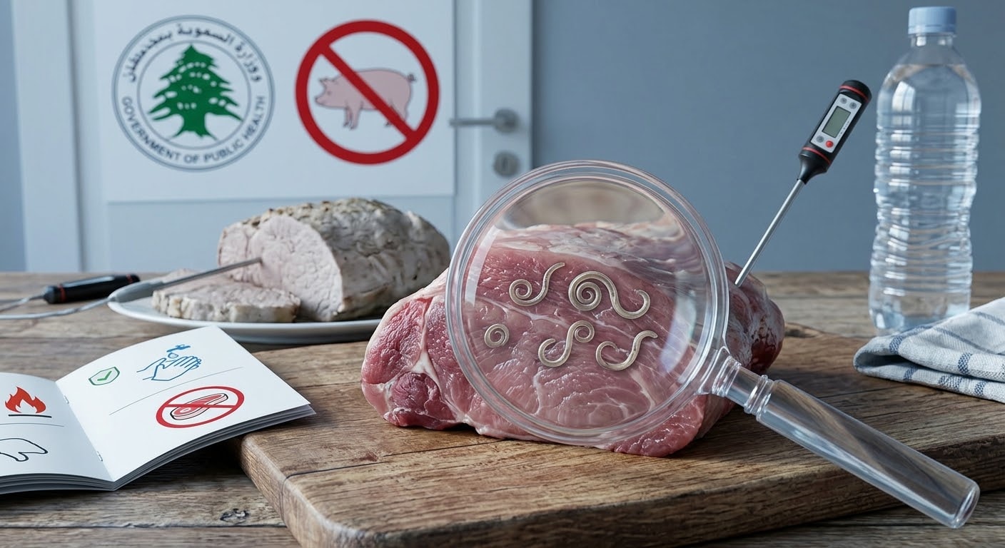 A visual illustration showing a magnifying glass over raw meat, a food thermometer, and food safety icons representing a public health warning about trichinosis.