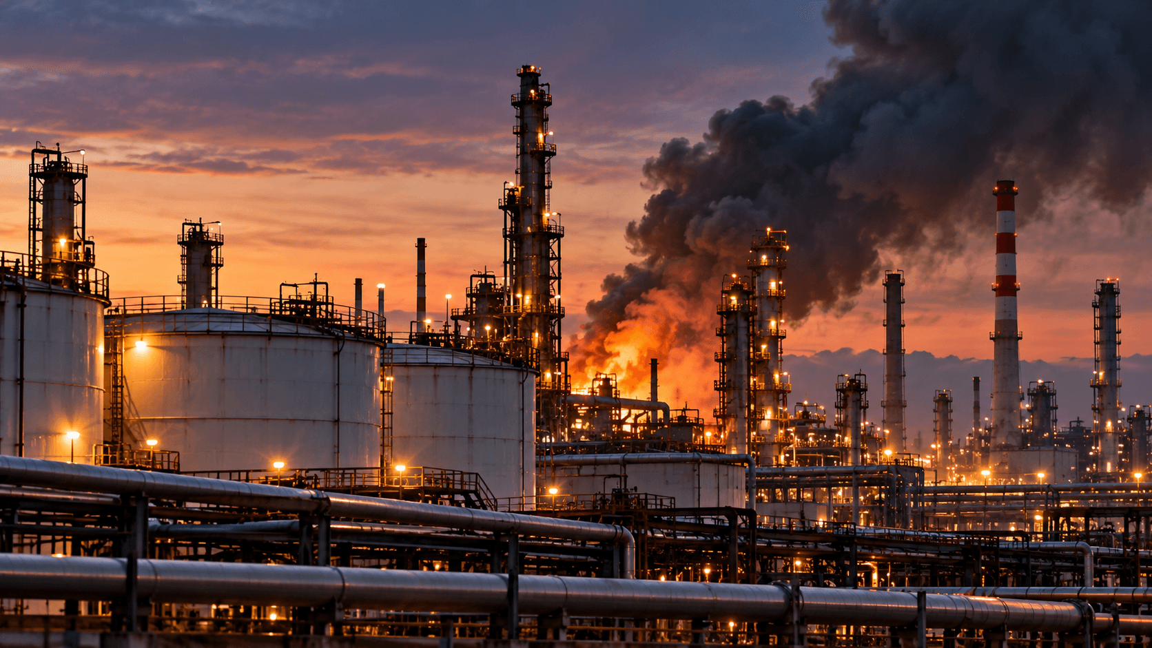 AI-generated illustration of an oil refinery with storage tanks, pipelines, industrial towers, flames, and thick black smoke rising into the sky.