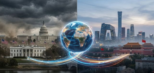 صورة مركبة تُظهر واشنطن وبكين في مواجهة رمزية تعكس التوتر الاقتصادي العالمي بين الولايات المتحدة والصين
