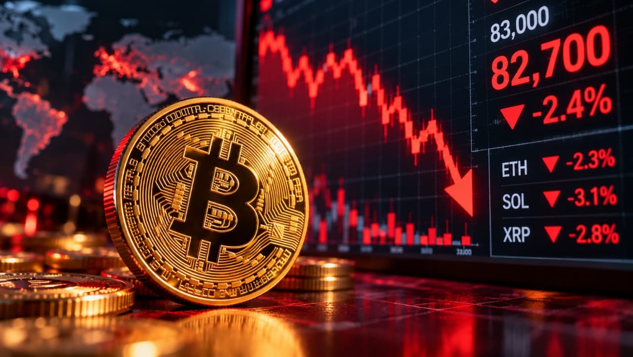AI-generated illustration of a golden Bitcoin coin beside a financial market screen showing a downward red chart and Bitcoin's price at $82,700, symbolizing the cryptocurrency's decline amid global market uncertainty.