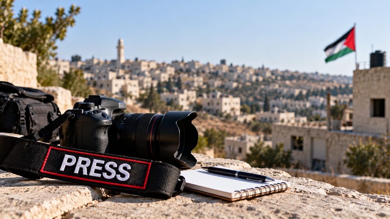 AI-generated illustration of a press camera and notebook overlooking a West Bank town