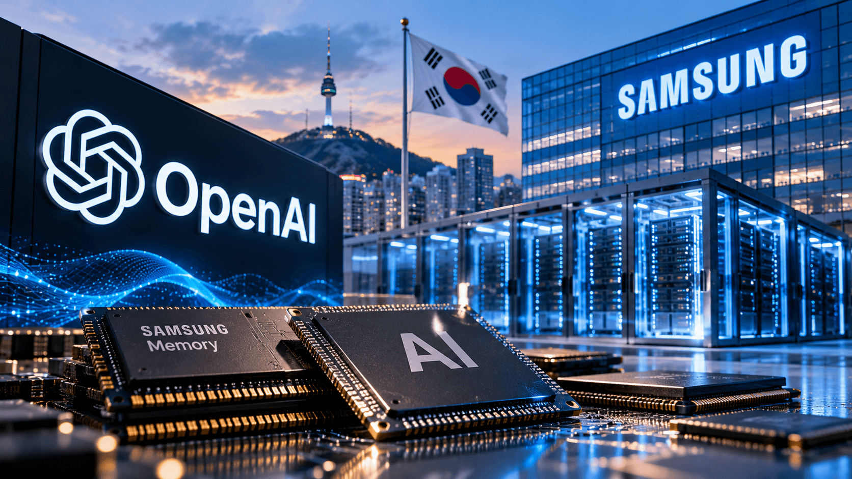 AI-generated illustration of OpenAI and Samsung logos, semiconductor memory chips, AI processors, data center servers, and the South Korean flag, representing cooperation on artificial intelligence infrastructure.