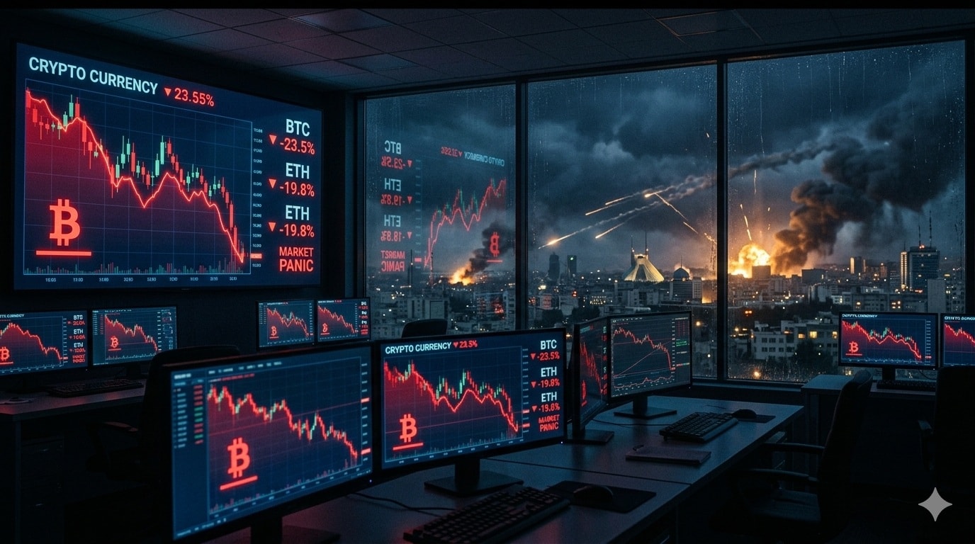 انهيار حاد في أسعار البيتكوين والعملات الرقمية على شاشات التداول وسط ضربات عسكرية في طهران. (AI)
