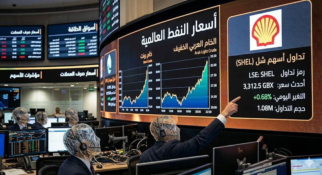  أسعار النفط على شاشات التداول مع شعار شركة شل