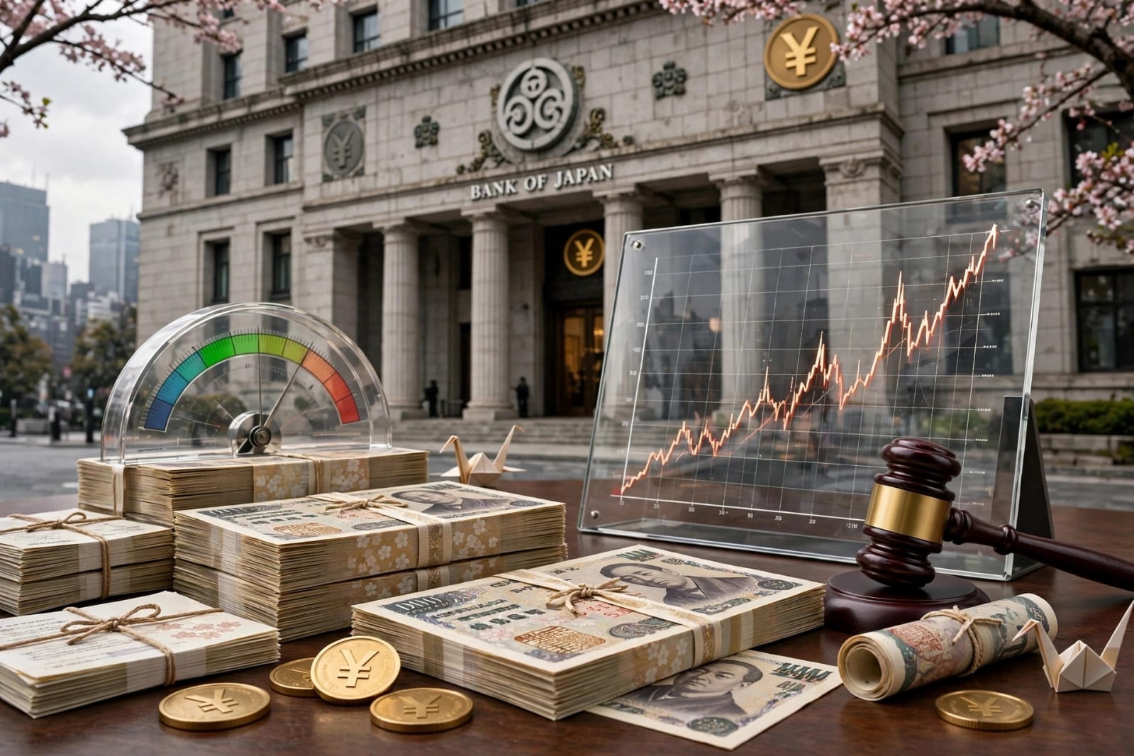 Stacks of yen bonds and coins with a rising yield chart in front of Bank of Japan building, symbolizing record auction demand.