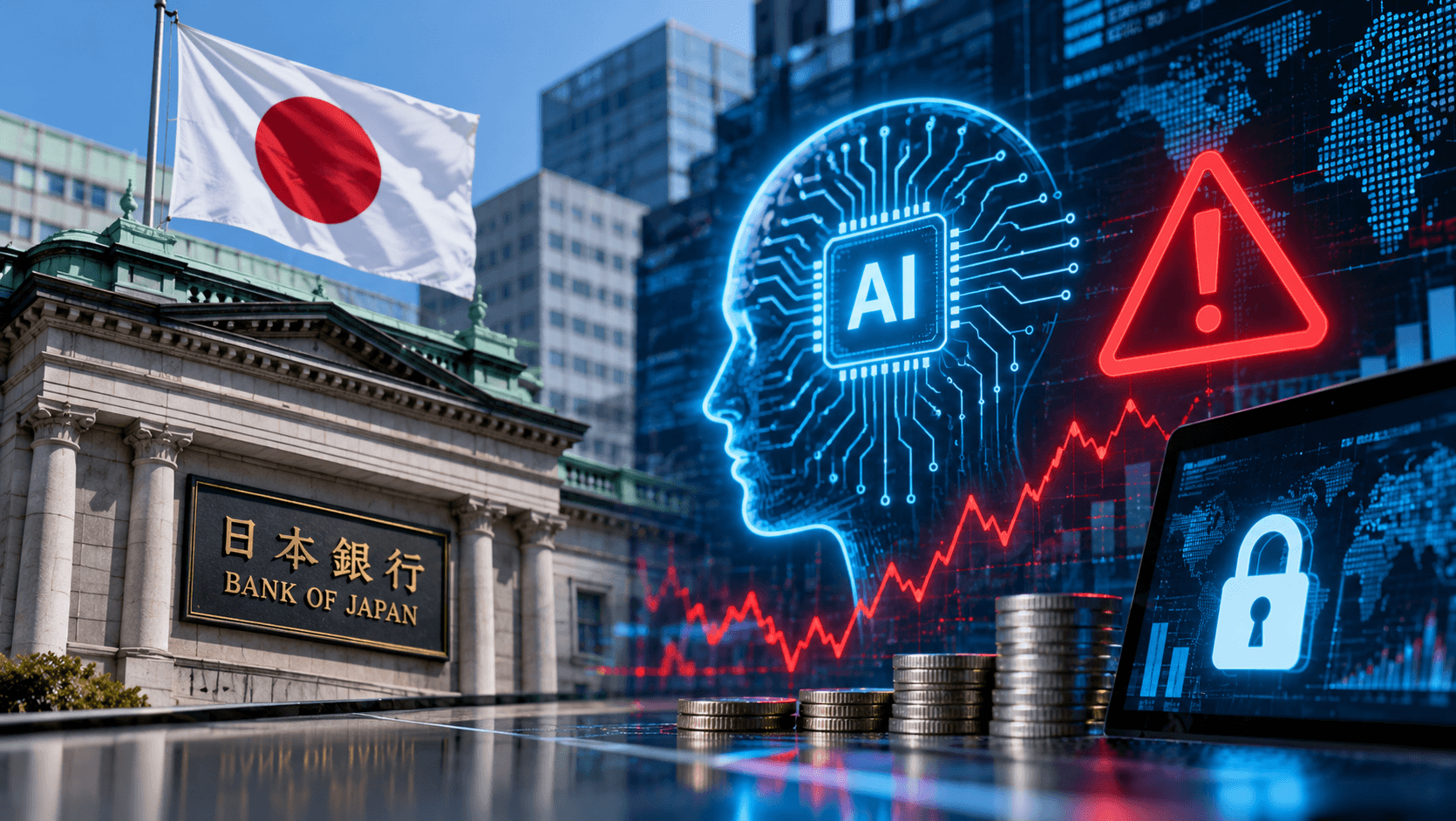 AI-generated illustration featuring the Bank of Japan, the Japanese flag, an artificial intelligence symbol, a cybersecurity lock, and financial market graphics, representing warnings about AI-related cybersecurity threats and financial stability risks.