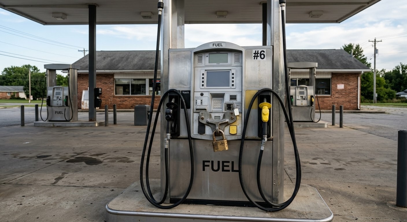 A close-up of a fuel pump nozzle at a gas station with digital displays.